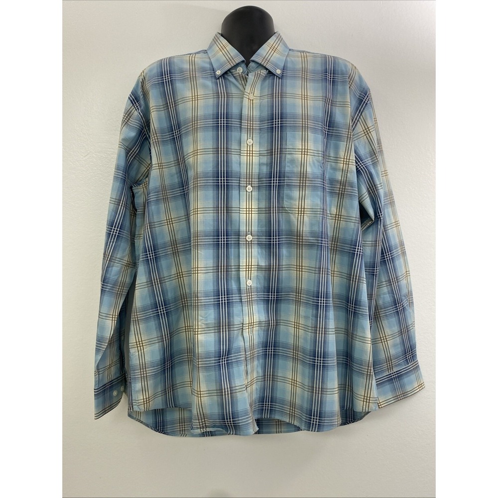 Alan Flusser Shirt Mens XL Brown Blue Plaid Long Sleeve Button Down